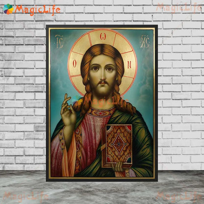 Icône religieuse du Christ Pantocrator – Tableau orthodoxe sur toile sans cadre pour église et décoration murale