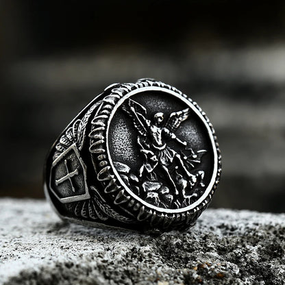 Bague Saint Christophe et Saint Michel en acier inoxydable – bijou religieux pour homme