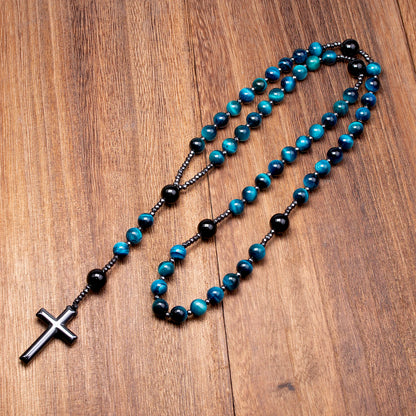 Collier chapelet catholique en œil-de-tigre bleu, onyx et croix en hématite – modèle homme