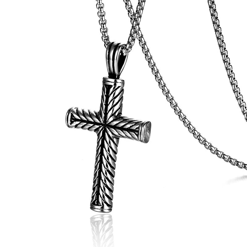 Collier pendentif croix torsadée en acier inoxydable – bijou chrétien unisexe