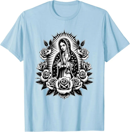 T-shirt Vierge de Guadalupe et roses – imprimé catholique floral pour homme