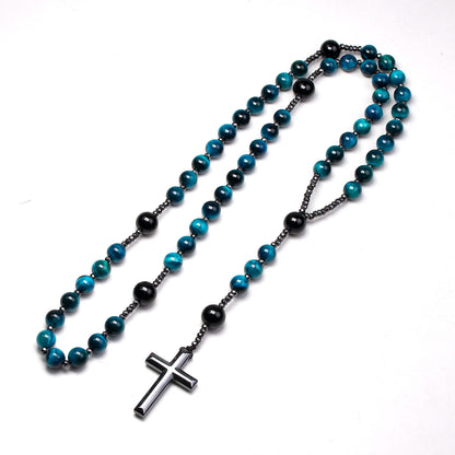 Collier chapelet catholique en œil-de-tigre bleu, onyx et croix en hématite – modèle homme