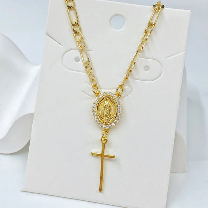 Collier Vierge Marie et croix plaqué or – bijou religieux unisexe
