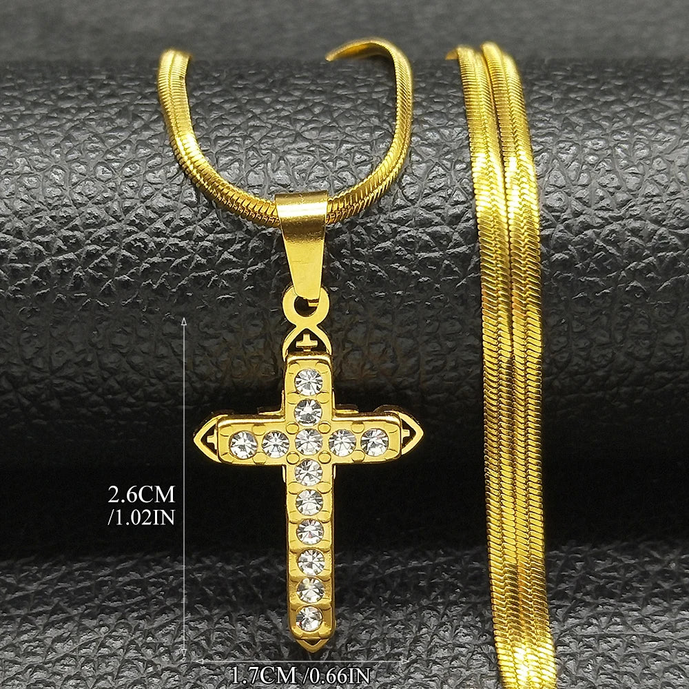 Collier catholique doré avec pendentif croix en cristal – Acier inoxydable, femme et homme