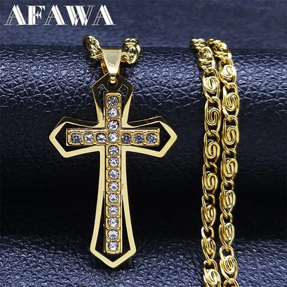 Collier catholique doré avec pendentif croix en cristal – Acier inoxydable, femme et homme