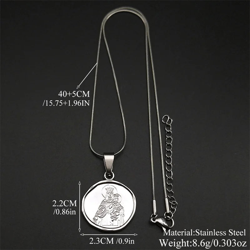 Collier Vierge Marie tenant l’Enfant Jésus en acier inoxydable – bijou catholique