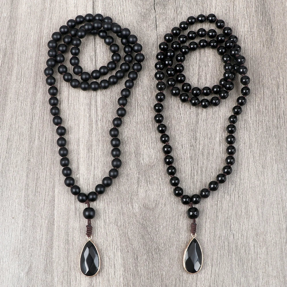 Matte black onyx bead necklace with drop pendant - unisex meditation jewelry