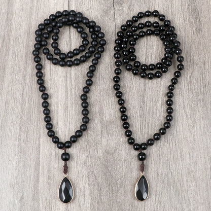 Matte black onyx bead necklace with drop pendant - unisex meditation jewelry