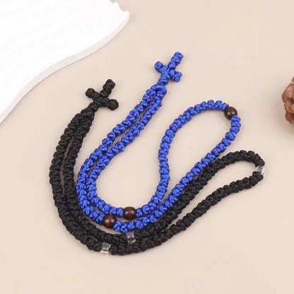 Collier Komboskini Orthodoxe Noir/Bleu – Corde de Prière Artisanale avec Croix