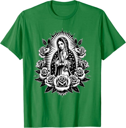 T-shirt Vierge de Guadalupe et roses – imprimé catholique floral pour homme
