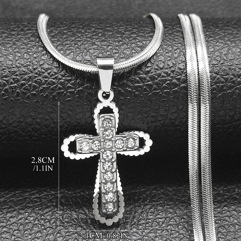 Collier catholique doré avec pendentif croix en cristal – Acier inoxydable, femme et homme