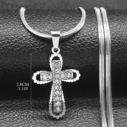 Collier catholique doré avec pendentif croix en cristal – Acier inoxydable, femme et homme