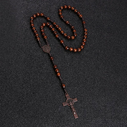 Wooden rosary bead necklace with Jesus cross - Orthodox religious jewelry