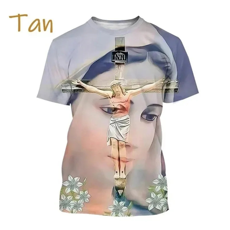 T-Shirt Vierge Marie & Jésus – Impression 3D, Unisexe, Oversize