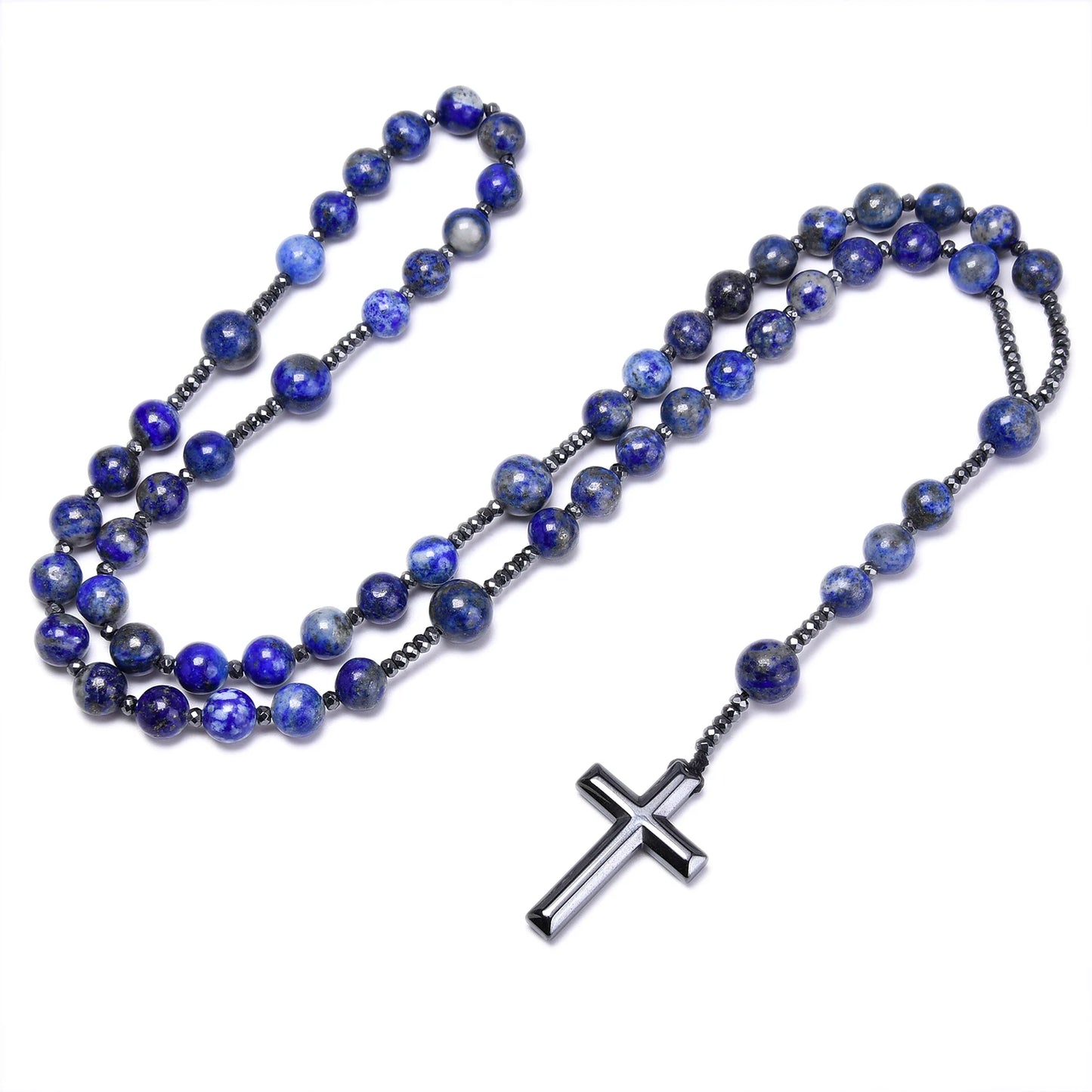 Collier Rosaire Catholique en Lapis-Lazuli Naturel avec Croix en Hématite