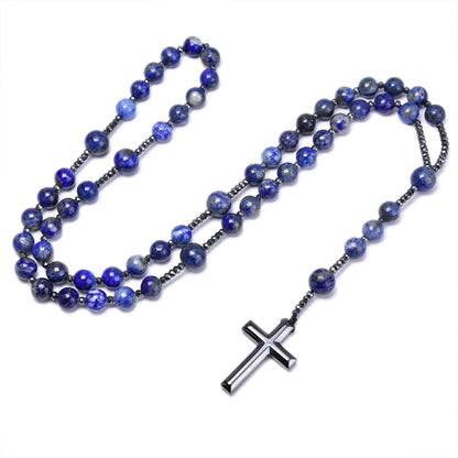 Collier Rosaire Catholique en Lapis-Lazuli Naturel avec Croix en Hématite