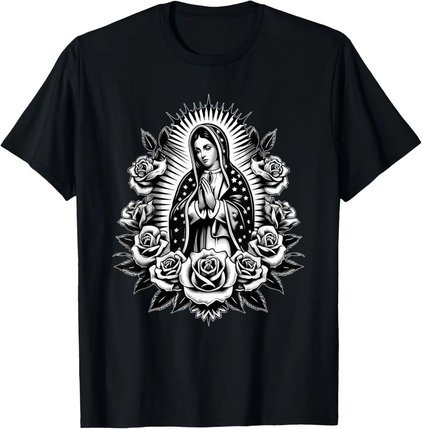 T-shirt Vierge de Guadalupe et roses – imprimé catholique floral pour homme