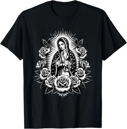 T-shirt Vierge de Guadalupe et roses – imprimé catholique floral pour homme