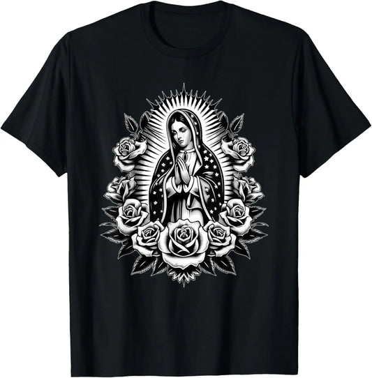 T-shirt Vierge de Guadalupe et roses – imprimé catholique floral pour homme