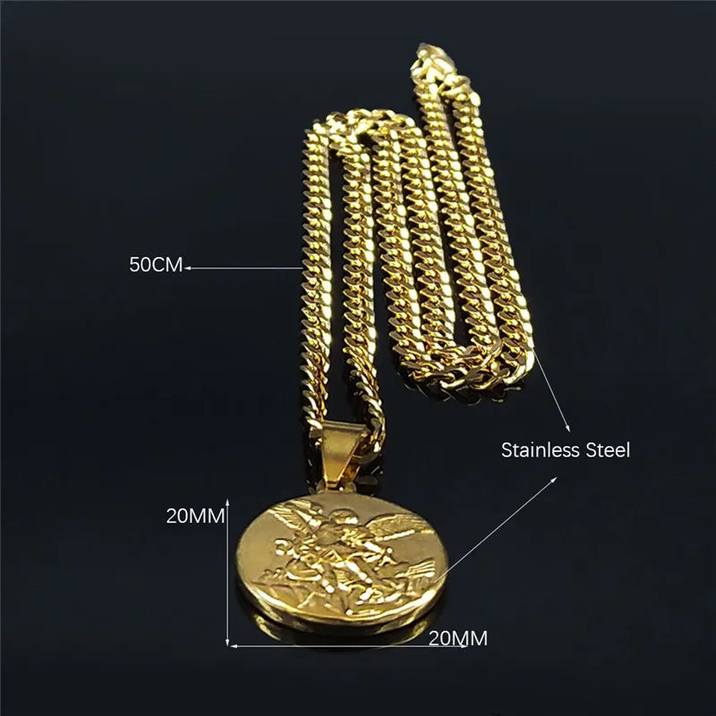 Collier Archange Saint Michel Doré – Pendentif Spirituel de Protection en Acier Inoxydable pour Homme et Femme