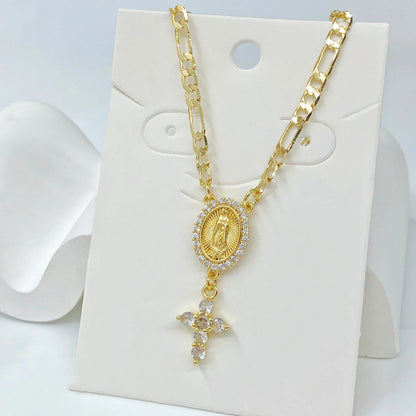 Collier Vierge Marie et croix plaqué or – bijou religieux unisexe