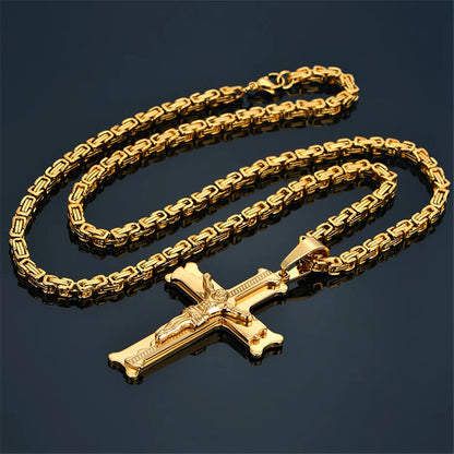 Collar largo bizantino con cruz en acero inoxidable – joya cristiana para hombre