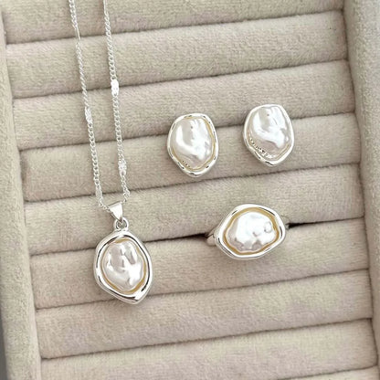 Damen Schmuckset mit Barock-Perlenoptik – Kette, Armreif & Ring