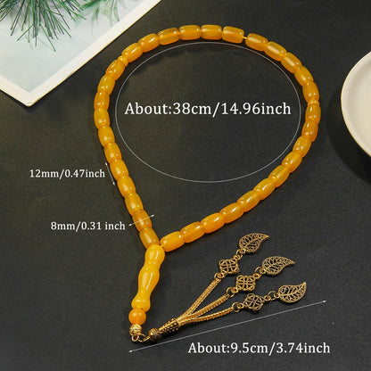 Bracelet de Prière en Agate Jaune avec Pendentif Feuille Ajourée
