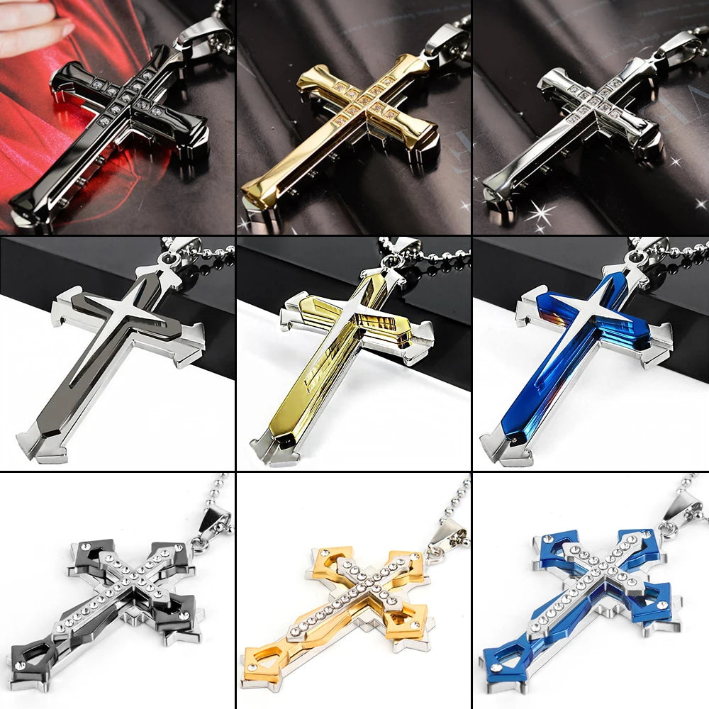 Halskette Kreuz Schwarz Zirkon und Gold aus Edelstahl – Punk-Schmuck für Herren