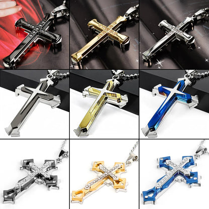 Halskette Kreuz Schwarz Zirkon und Gold aus Edelstahl – Punk-Schmuck für Herren