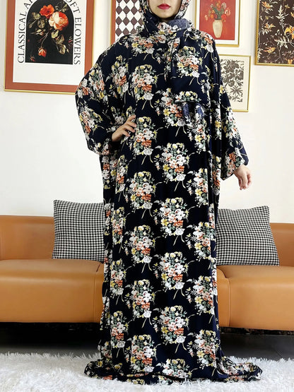Abaya longue 6XL en coton avec hijab intégré – Robe de prière Ramadan