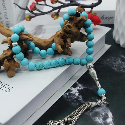 Tasbih Turquoise en Pierre Naturelle – Chapelet Musulman 33 Perles avec Pompon Métal pour Dhikr, Namaz & Méditation – Cadeau Islamique