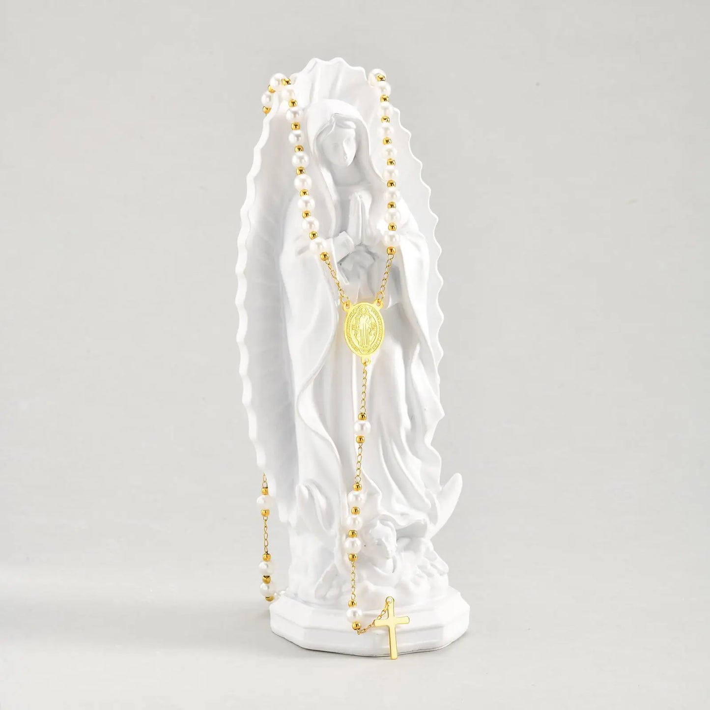Rosenkranz-Halskette mit Perlen und Jungfrau Maria mit Kreuz – religiöser Schmuck für Damen