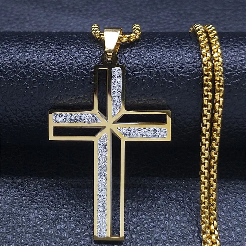 Collier catholique doré avec pendentif croix en cristal – Acier inoxydable, femme et homme