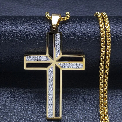 Collier catholique doré avec pendentif croix en cristal – Acier inoxydable, femme et homme