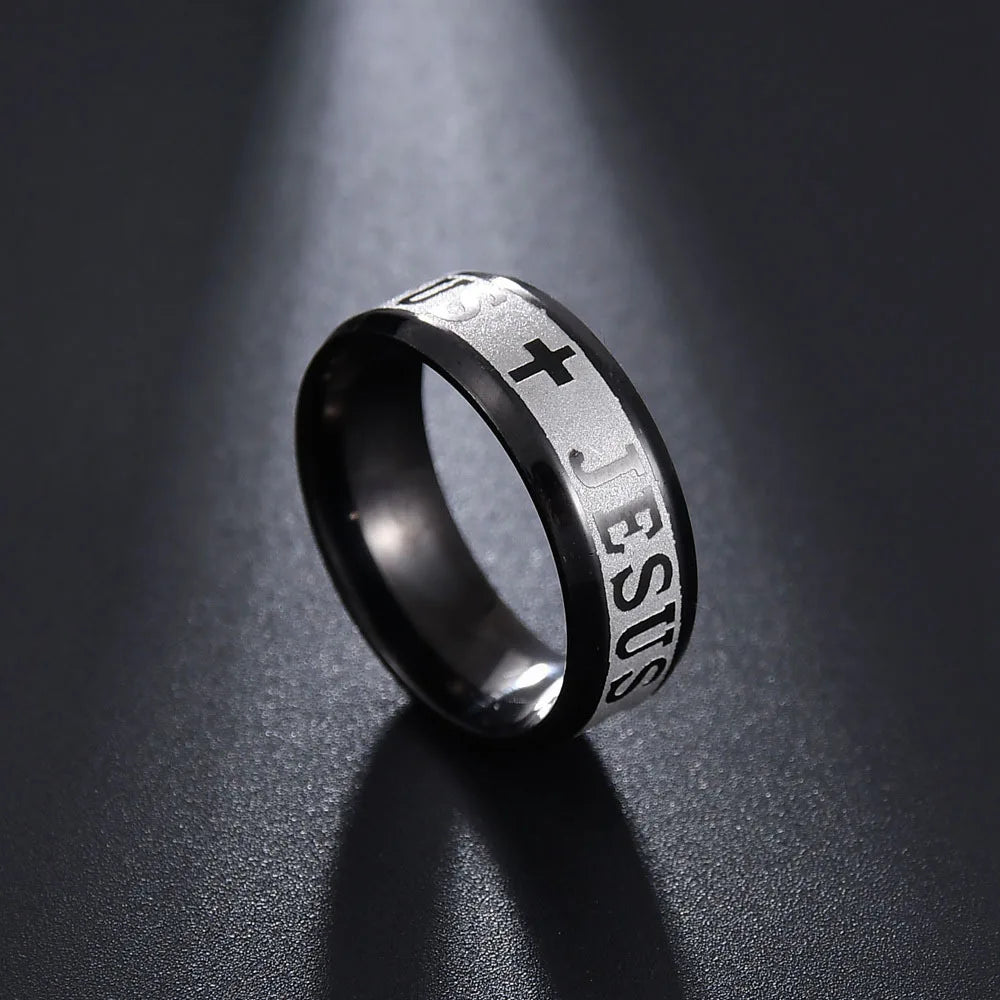 Bague Unisexe en Acier Inoxydable – Croix de Jésus & Lettres Bibliques Gravées