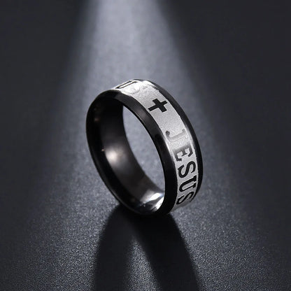 Bague Unisexe en Acier Inoxydable – Croix de Jésus & Lettres Bibliques Gravées