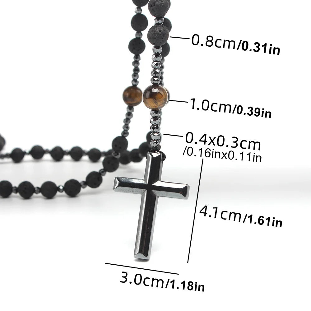 Collier long en pierre de lave et œil-de-tigre avec croix – bijou religieux pour homme