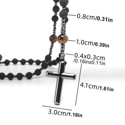 Collier long en pierre de lave et œil-de-tigre avec croix – bijou religieux pour homme