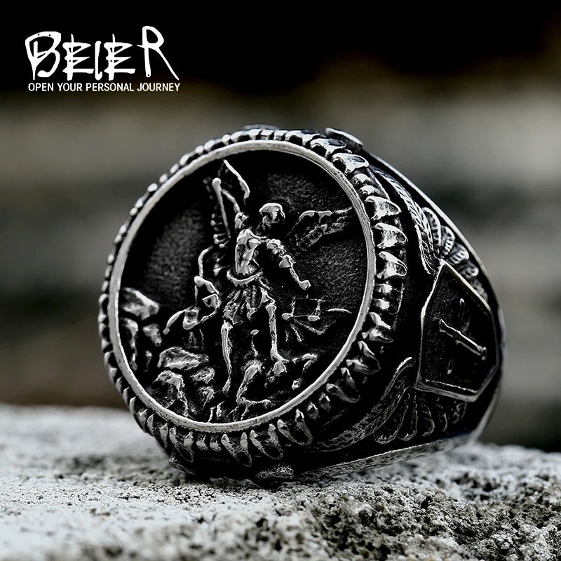 Bague Saint Christophe et Saint Michel en acier inoxydable – bijou religieux pour homme