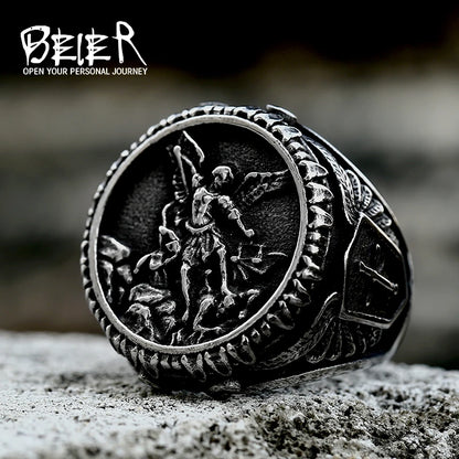 Bague Saint Christophe et Saint Michel en acier inoxydable – bijou religieux pour homme