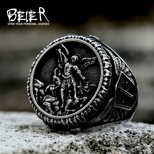 Bague Saint Christophe et Saint Michel en acier inoxydable – bijou religieux pour homme