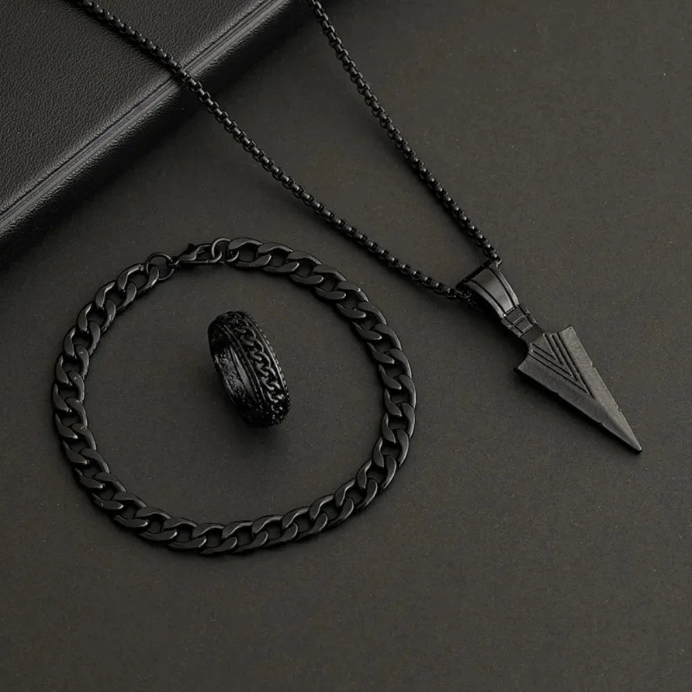 Ensemble Bijoux Croix Noir 3 Pièces – Collier, Bracelet & Bague