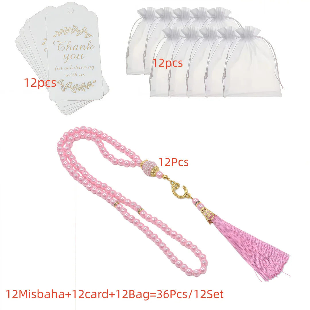 Lot de 12 Tasbih Musulmans 99 Perles avec Pompon – Chapelets de Prière Ramadan & Eid