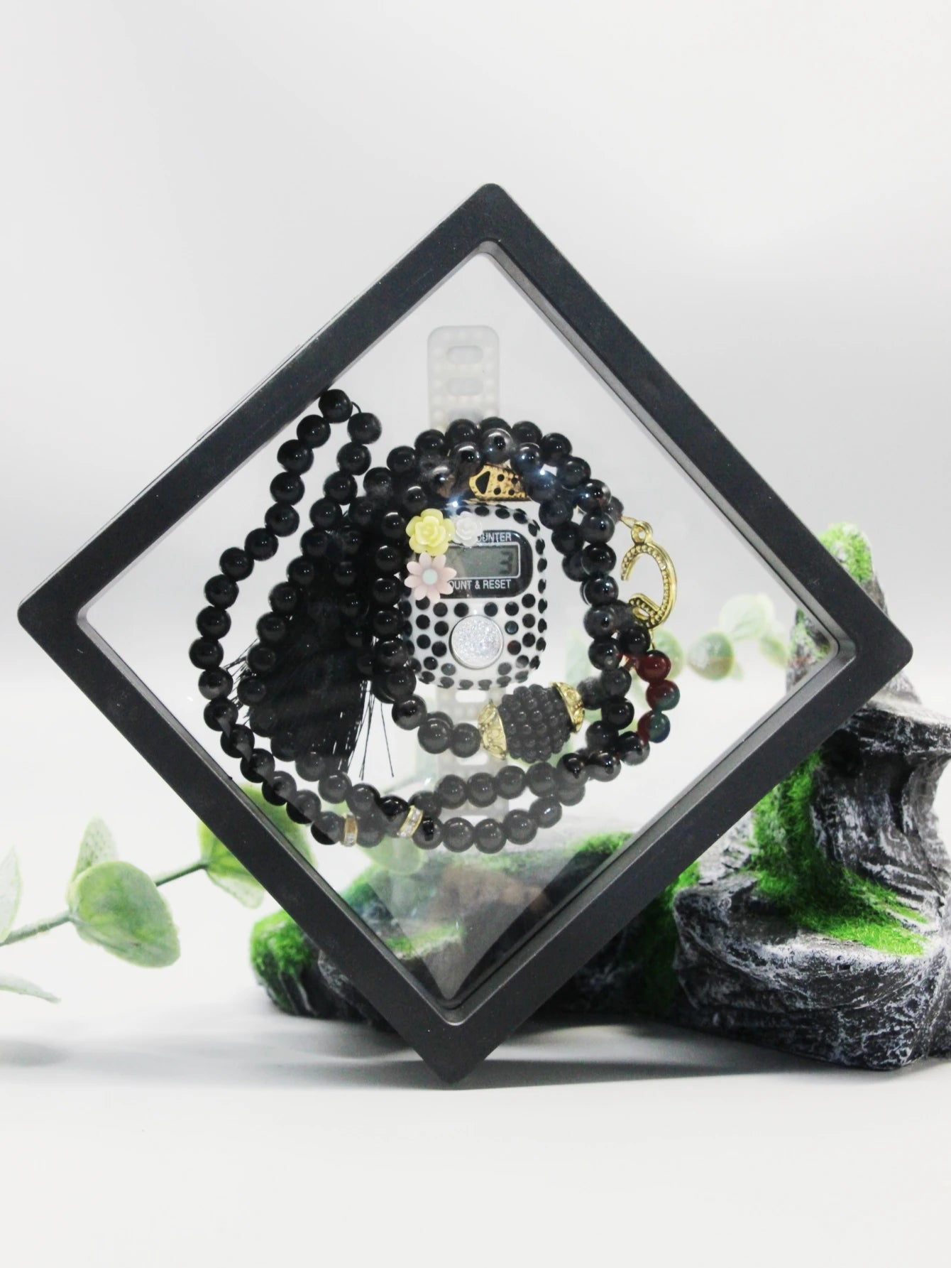 Set tasbih cristal 99 perlas + contador islámico – Cofre de regalo transparente
