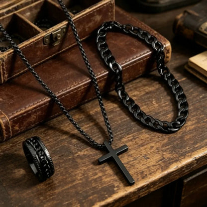 Ensemble Bijoux Croix Noir 3 Pièces – Collier, Bracelet & Bague