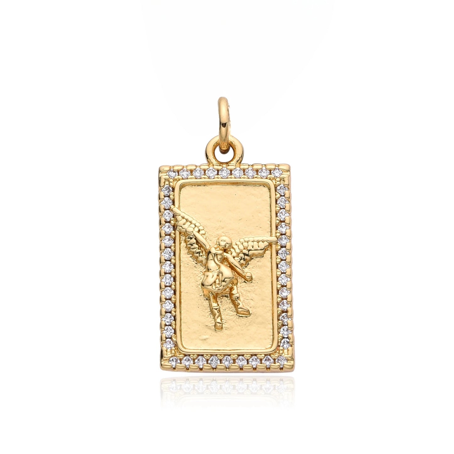 Pendentif Archange Saint Michel Doré – Médaille Religieuse Catholique avec Bord Coquillage et Zircons