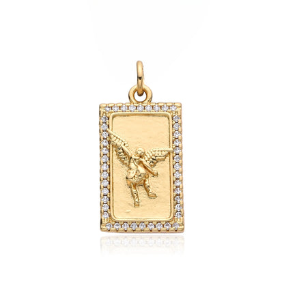 Pendentif Archange Saint Michel Doré – Médaille Religieuse Catholique avec Bord Coquillage et Zircons