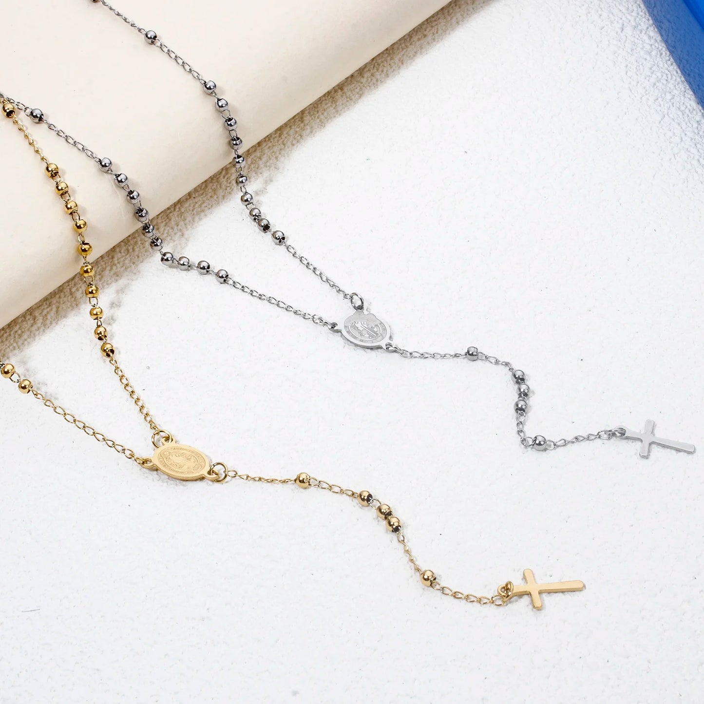 Collier Rosaire Chrétien Croix en Acier Inoxydable