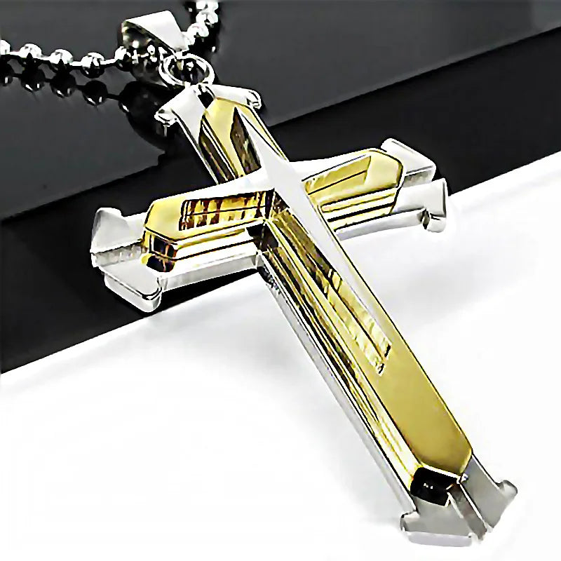 Halskette Kreuz Schwarz Zirkon und Gold aus Edelstahl – Punk-Schmuck für Herren